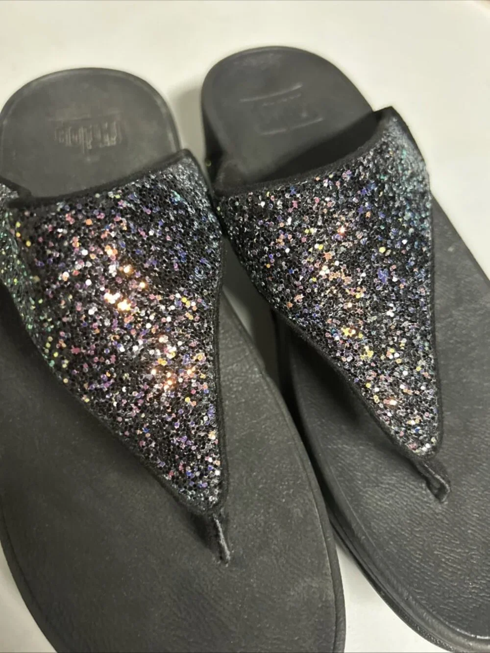 Fitflops Lulu Black Sparkly Glitter Women's Size 7 Thong Sandals